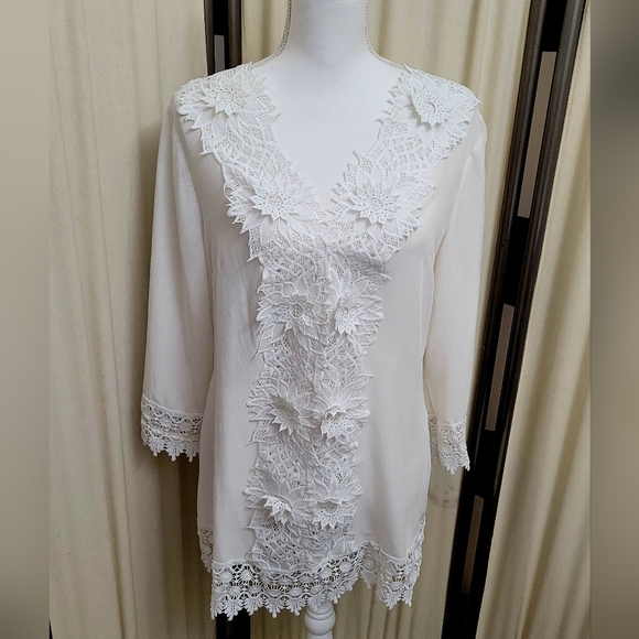 Tops - Cotton Blend White Lace Tunic Top | Size Large